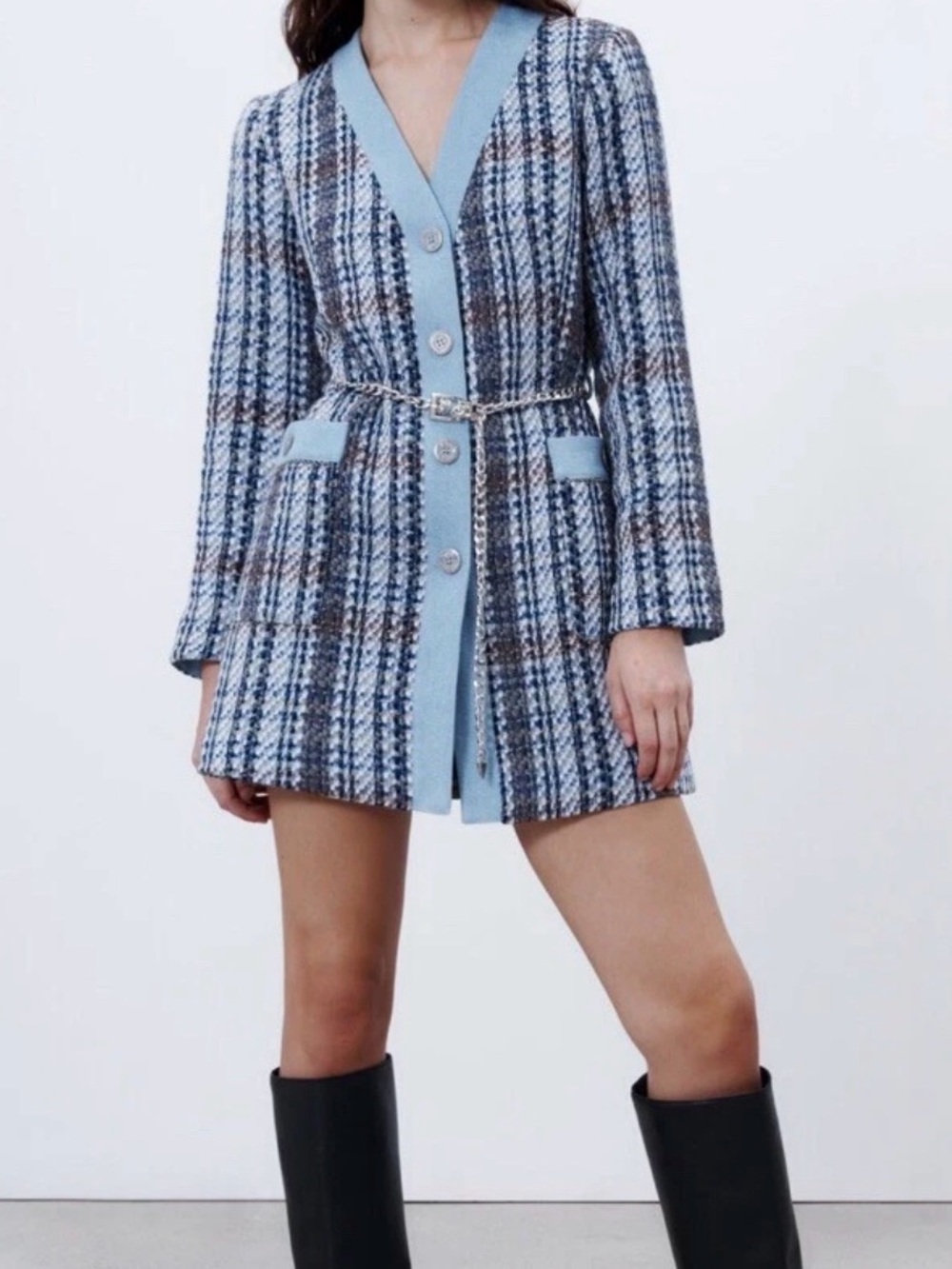 Zara Tweed & Denim Chain Belted Longline Blazer Dress Size L EUC